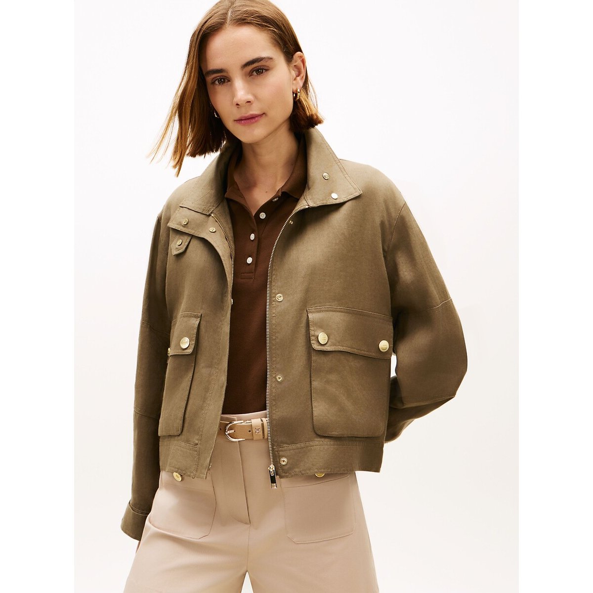 Veste en lin à col montant olive, TOMMY HILFIGER