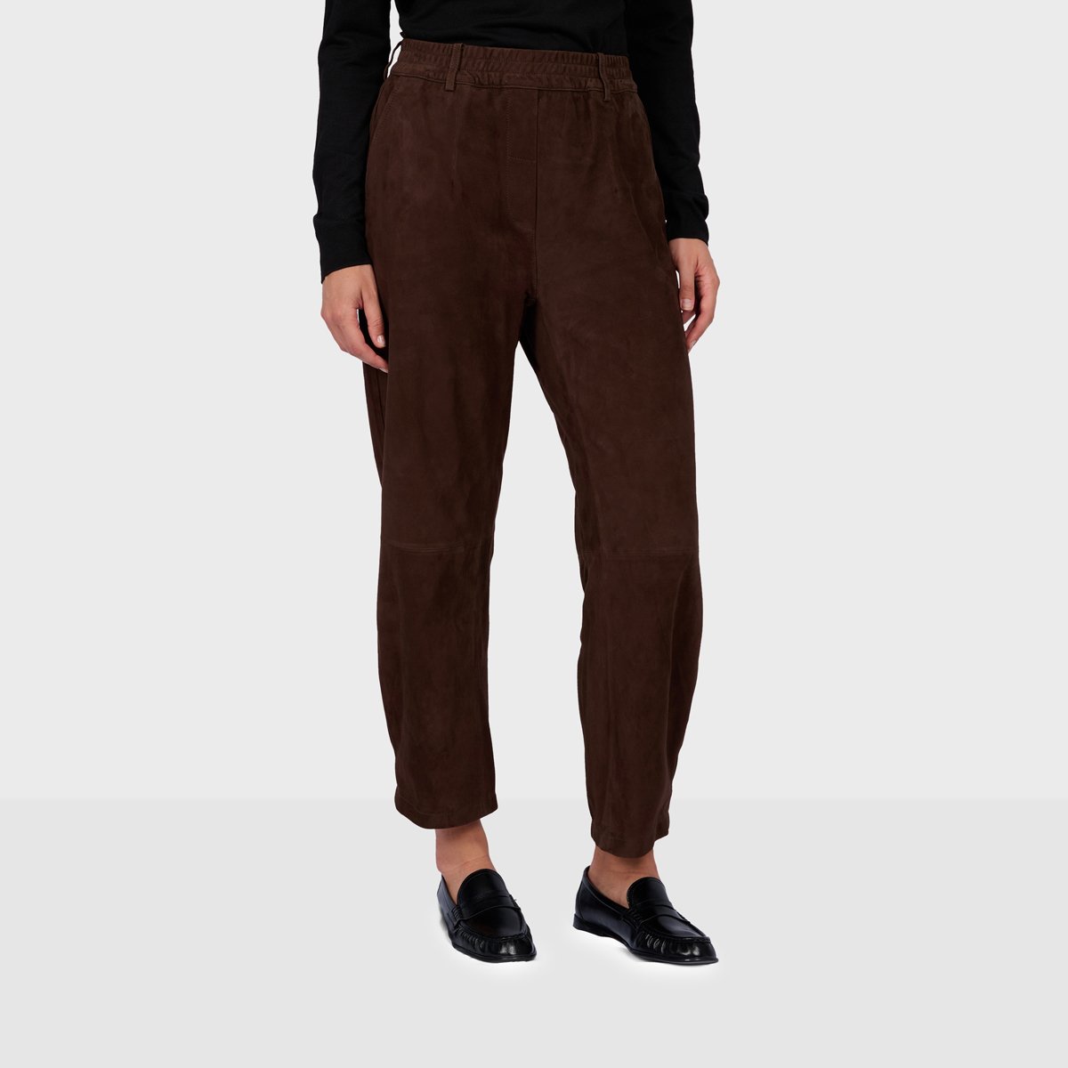Pantalon à taille élastiquée en cuir MIA chocolat, OAKWOOD