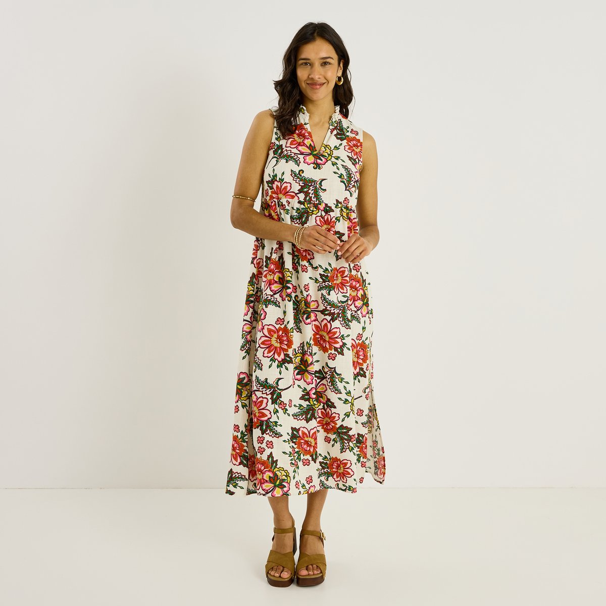Robe longue sans manches imprimé floral blanc cassé ecru, GRAIN DE MALICE