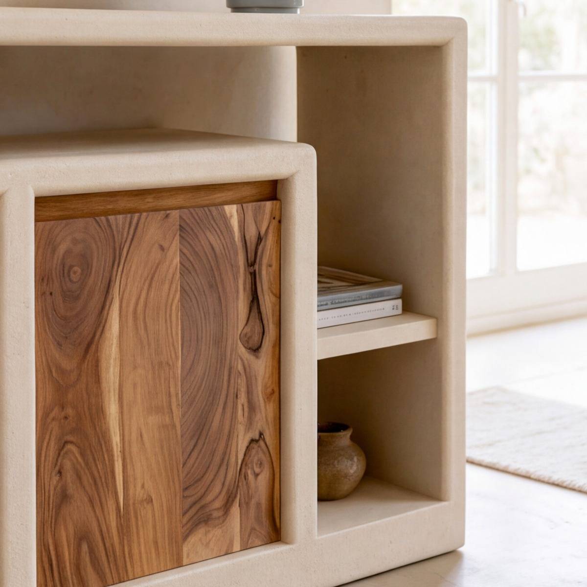 Buffet 3 portes en bois effet béton et acacia DALVA blanc, MADE IN MEUBLES