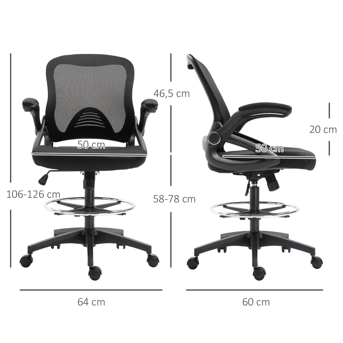 Chaise de bureau pour poste de travail debout noir, HOMCOM
