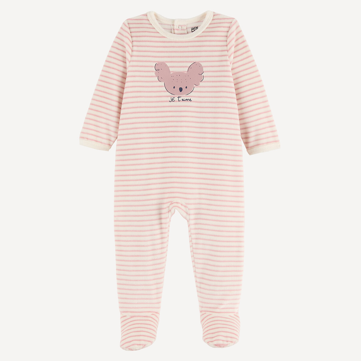 Striped Koala Print Velour Sleepsuit pink, LA REDOUTE COLLECTIONS