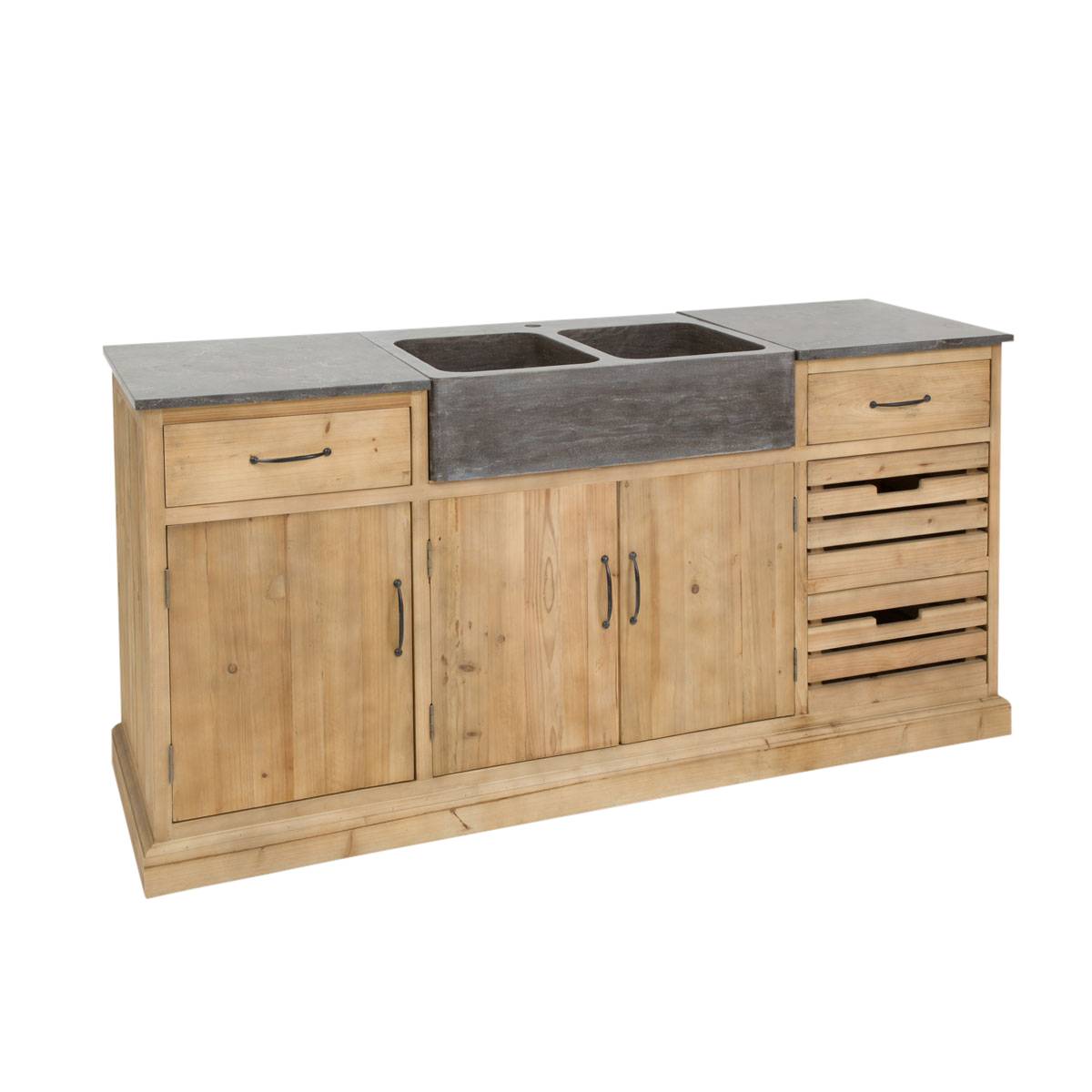 Meuble bas de cuisine en bois recyclé ROMAIN bois clair, MADE IN MEUBLES