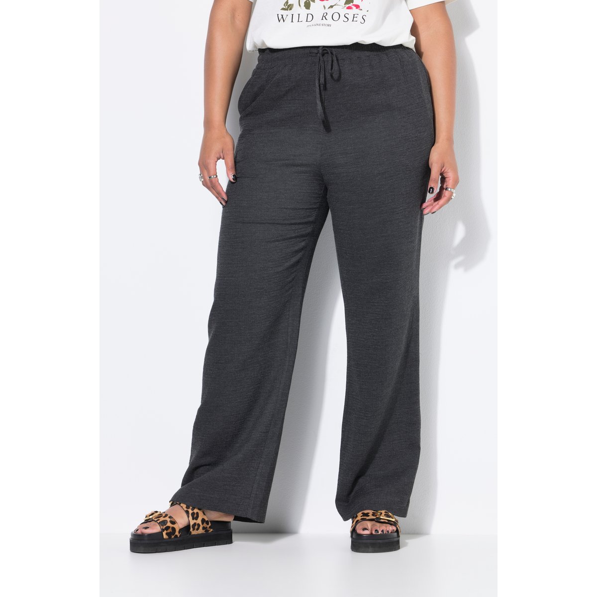 Pantalon finement texturé. Coupe Wide Legs gris chiné, STUDIO UNTOLD