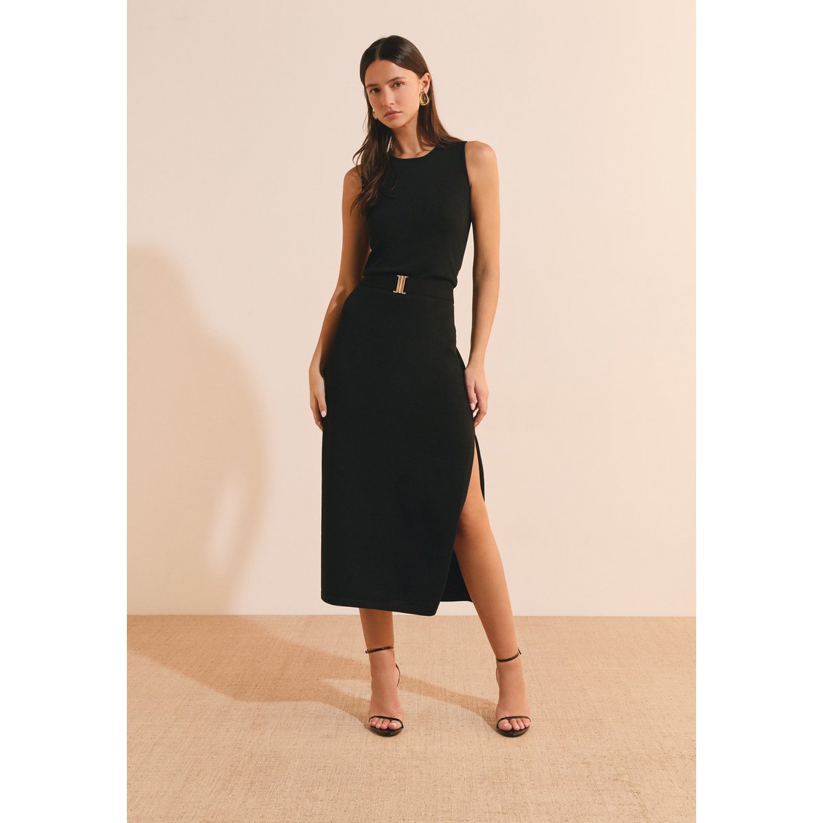 Robe longue ceinturée avec fente sur le côté ROMANO noir, ETAM