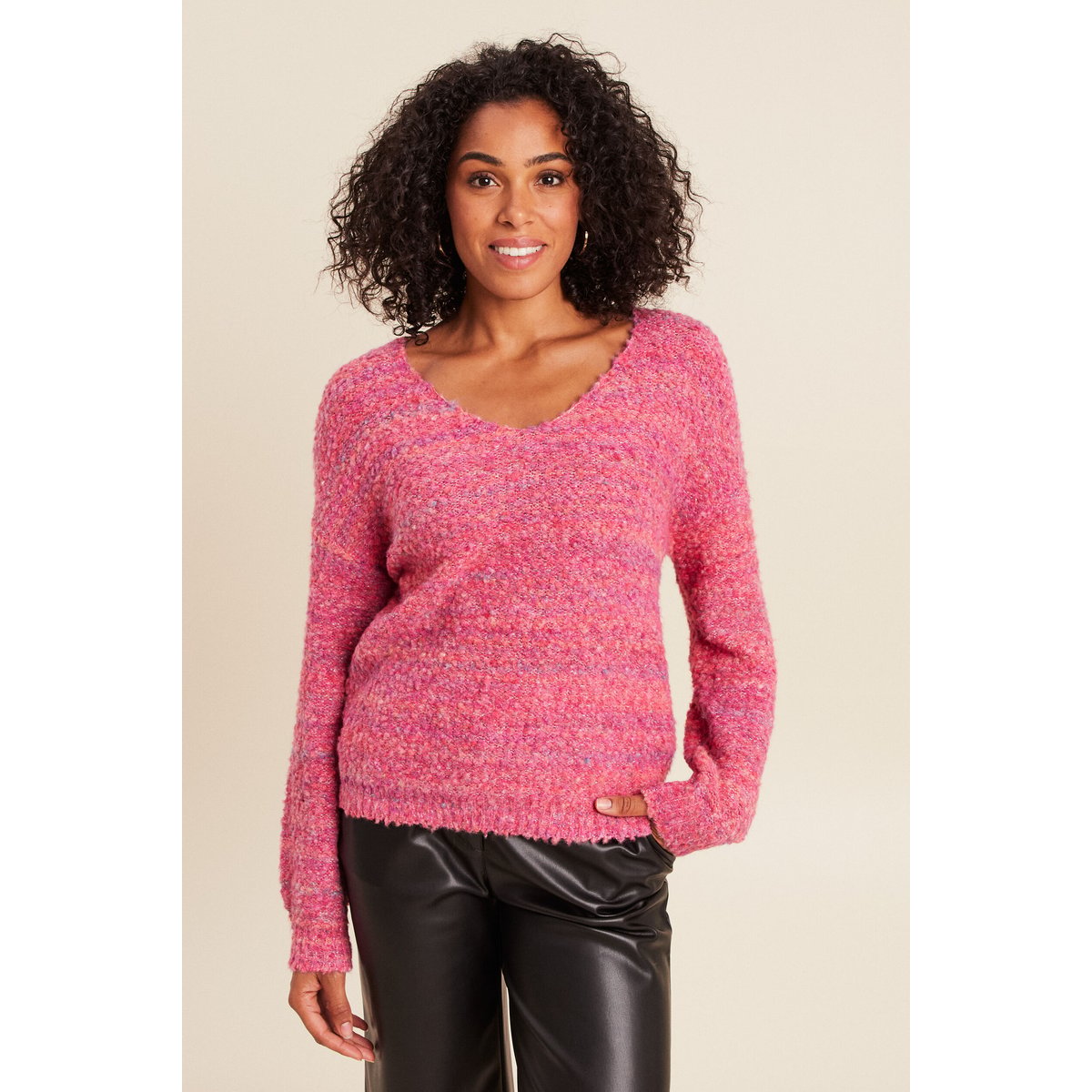 Pull col v manches longues rose fushia, BREAL