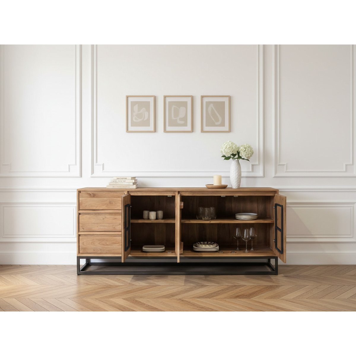 Buffet bas en bois massif 3 portes 190 cm, BERGERAC bois clair, BOBOCHIC