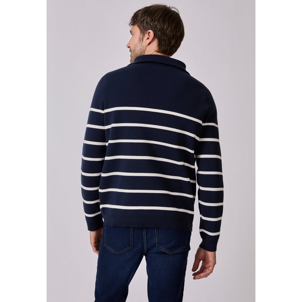 Pull col camionneur zippé bleu marine rayé, DAMART