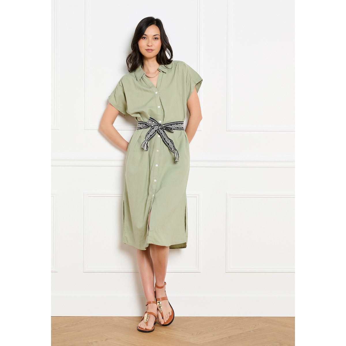 Robe chemise midi boutonnée khaki, LOLALIZA