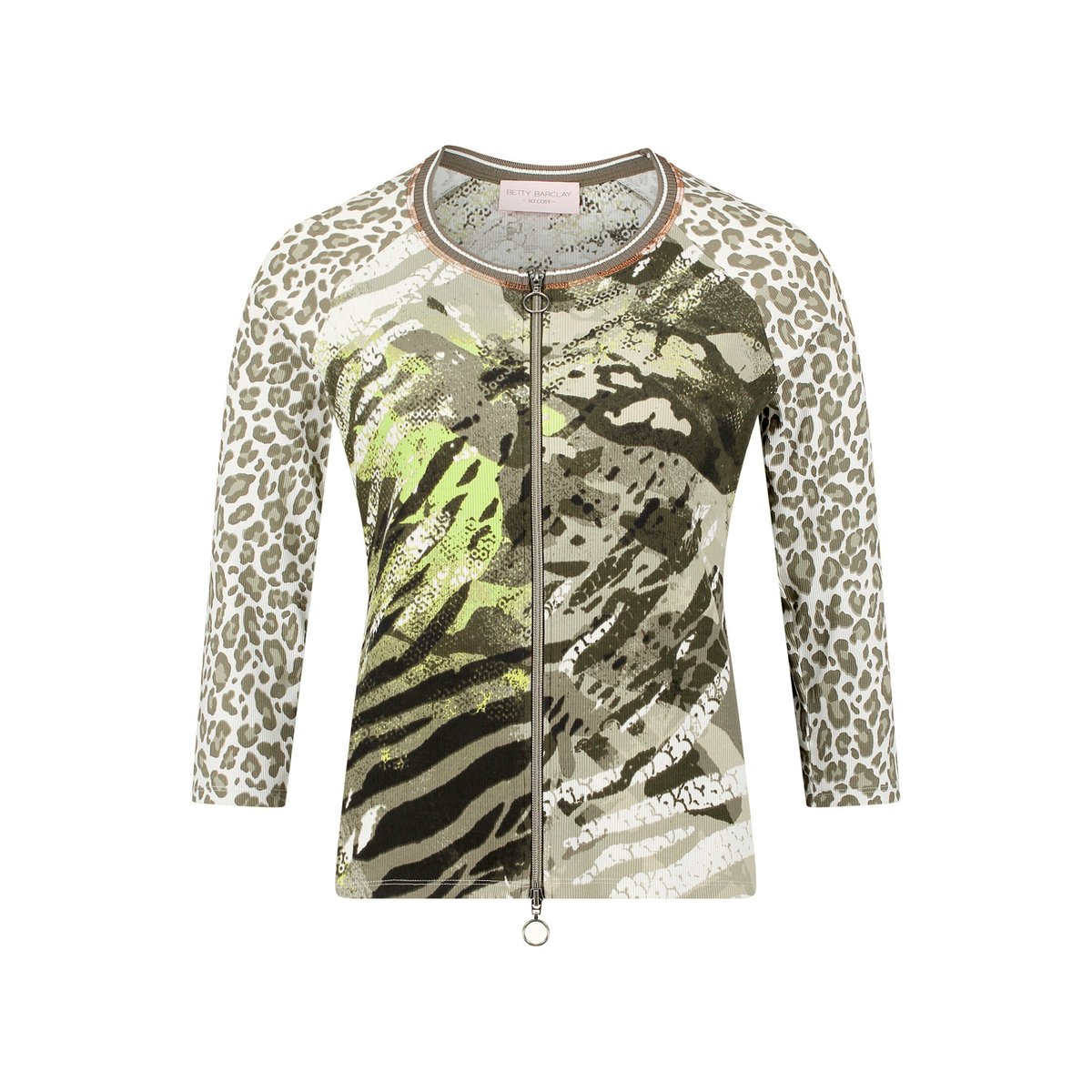 Cardigan façon t-shirt de texture côtelée khaki/cream, BETTY BARCLAY