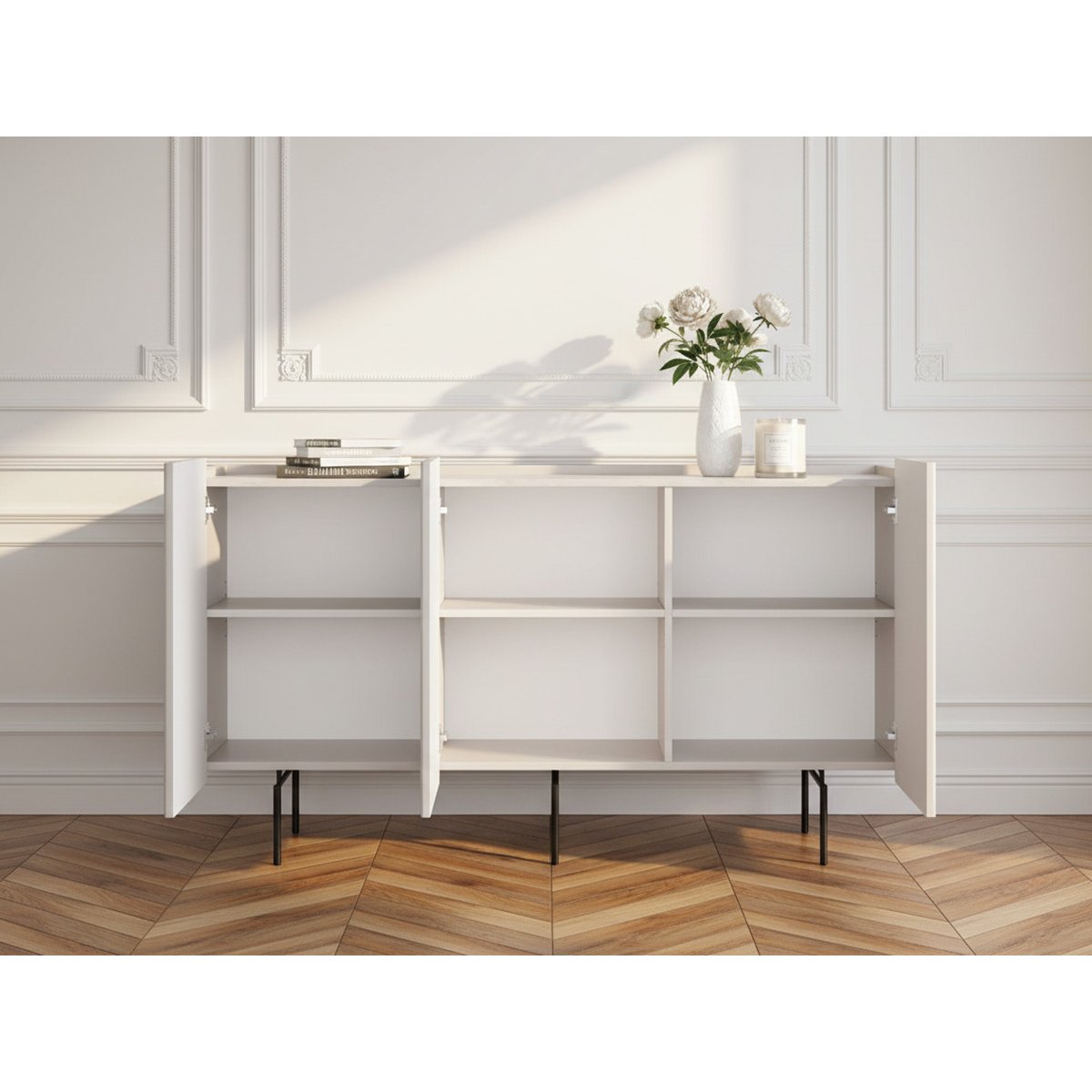 Buffet bas en panneaux de particules et MDF 4 portes 150 cm, MATHILDE beige, BOBOCHIC