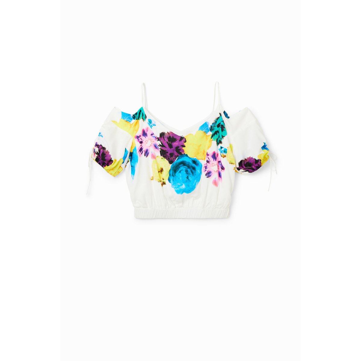 Blouse courte froncée fleurs M.Christian Lacroix blanc, DESIGUAL