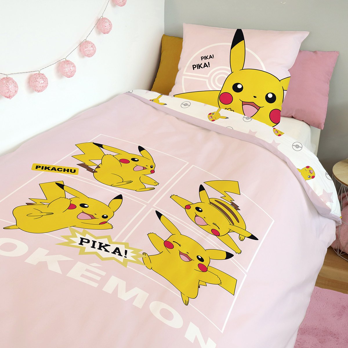 Parure de lit coton Pokémon, PIKACHU QUATUOR rose, POKEMON