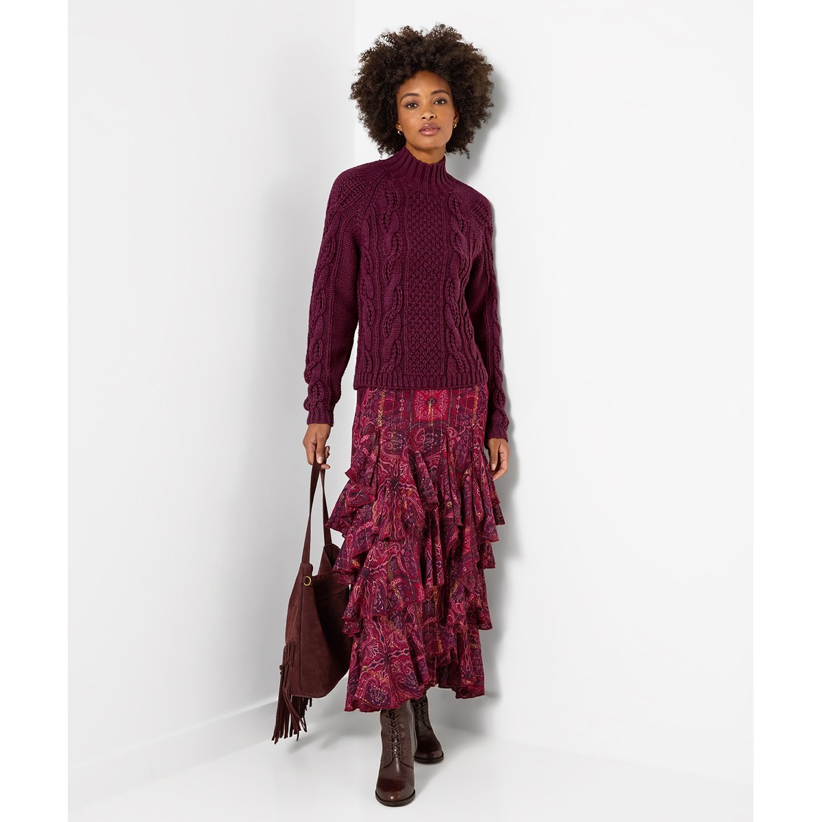 Pull à Col Montant en Maille Torsadée Freya violet, JOE BROWNS