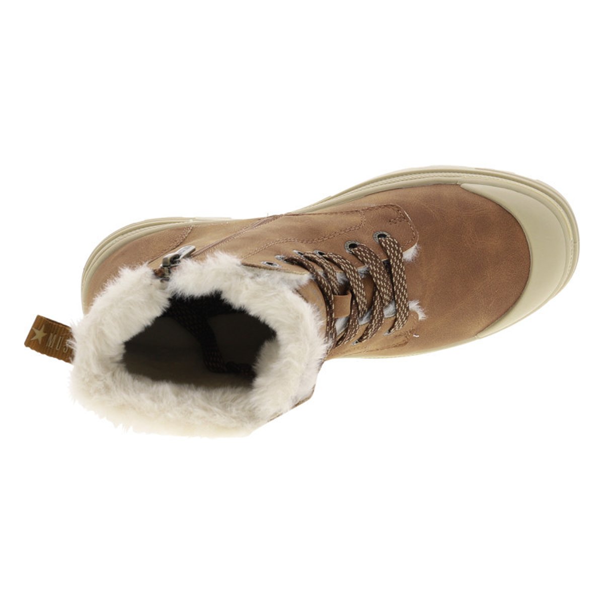 Bottines cognac à talon décroché bas avec des lacets plats et un zip cognac, MUSTANG