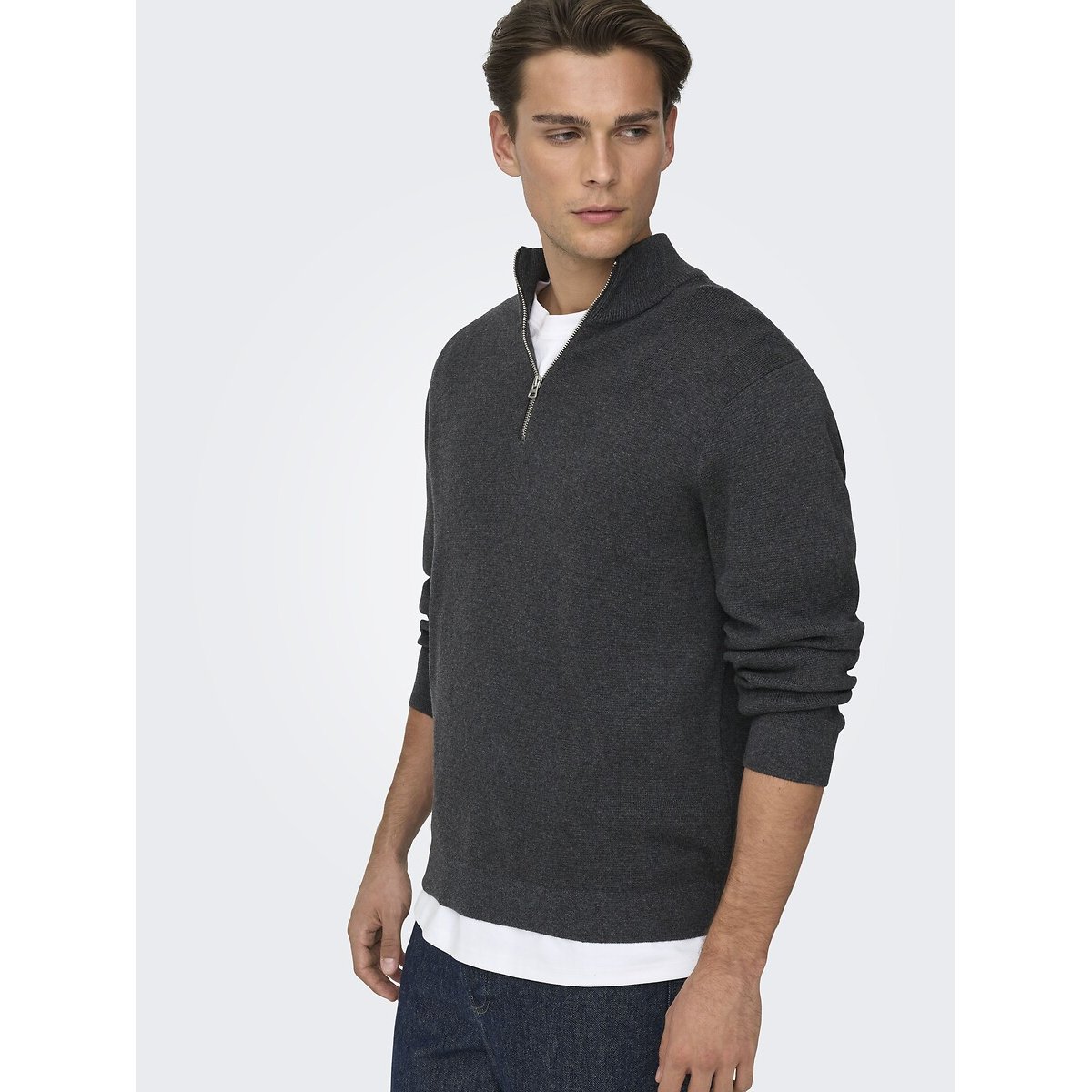Pull col montant zippé, droit gris anthracite, ONLY & SONS