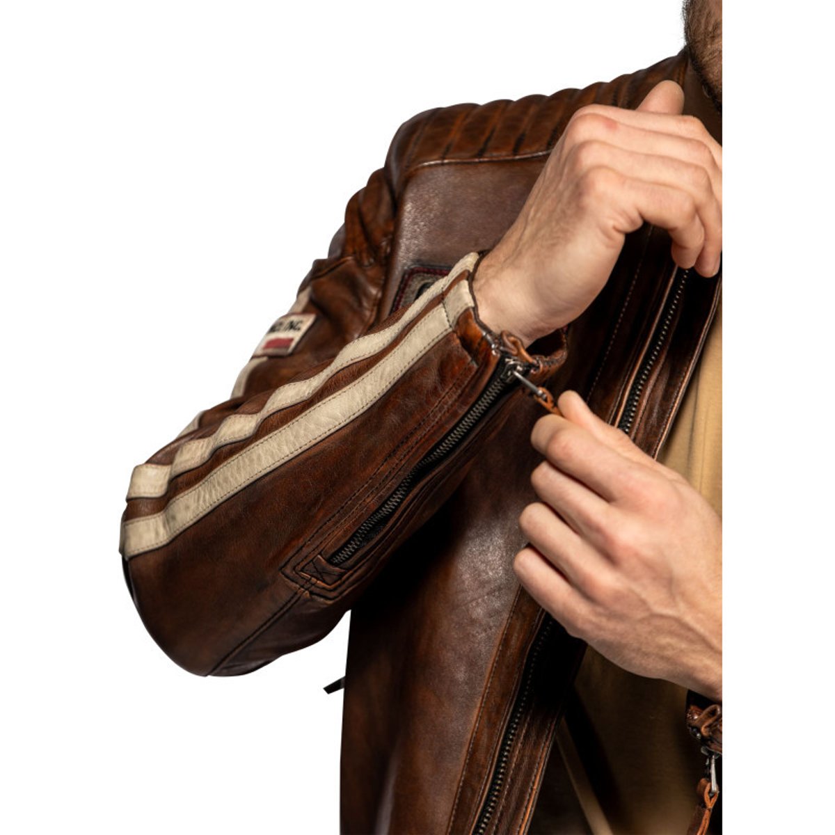 Blouson Corning en cuir d'agneau brun à coupe droite pourvu d'un col boutonné marron, DAYTONA