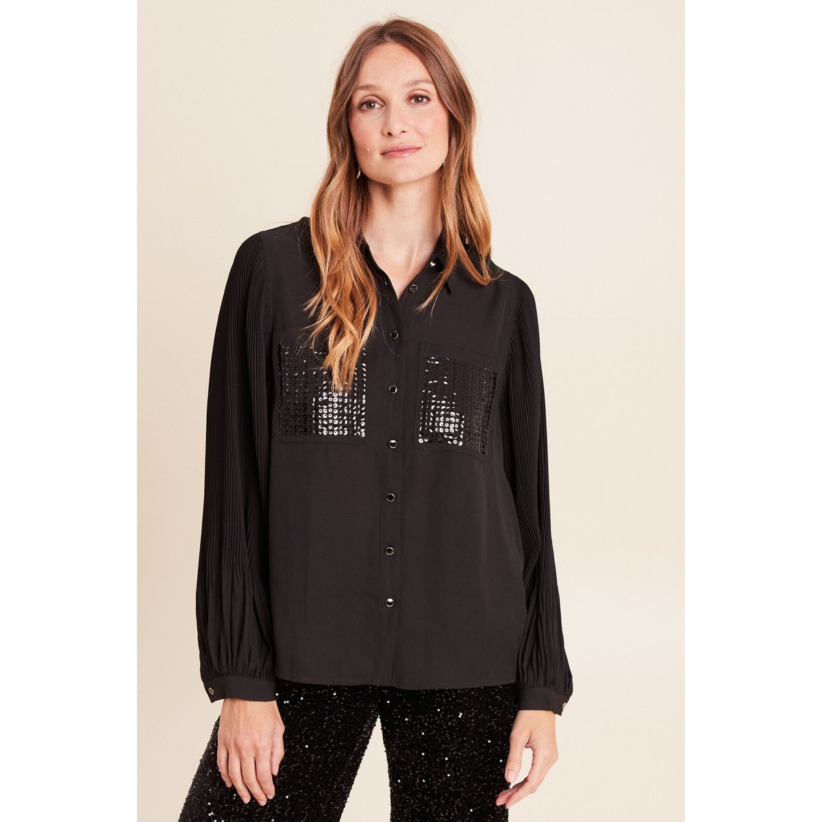 Chemise fluide à sequins manches longues noir, BREAL