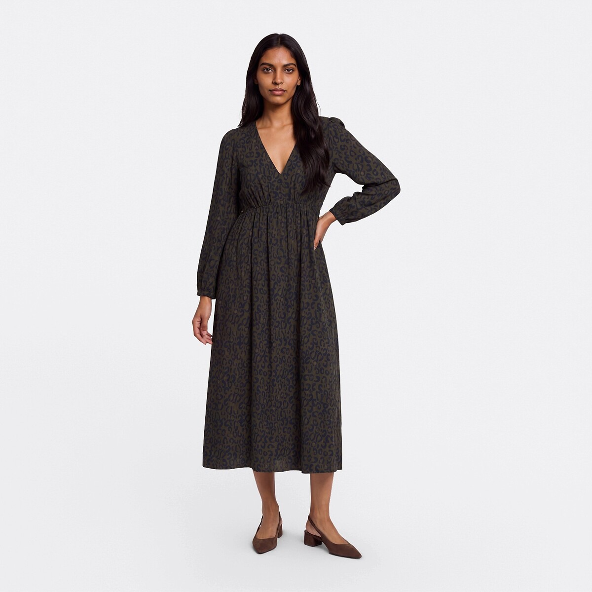 Langes Kleid mit Leopardenmuster und langen Ärmeln leopardenprint/khaki, LA REDOUTE COLLECTIONS