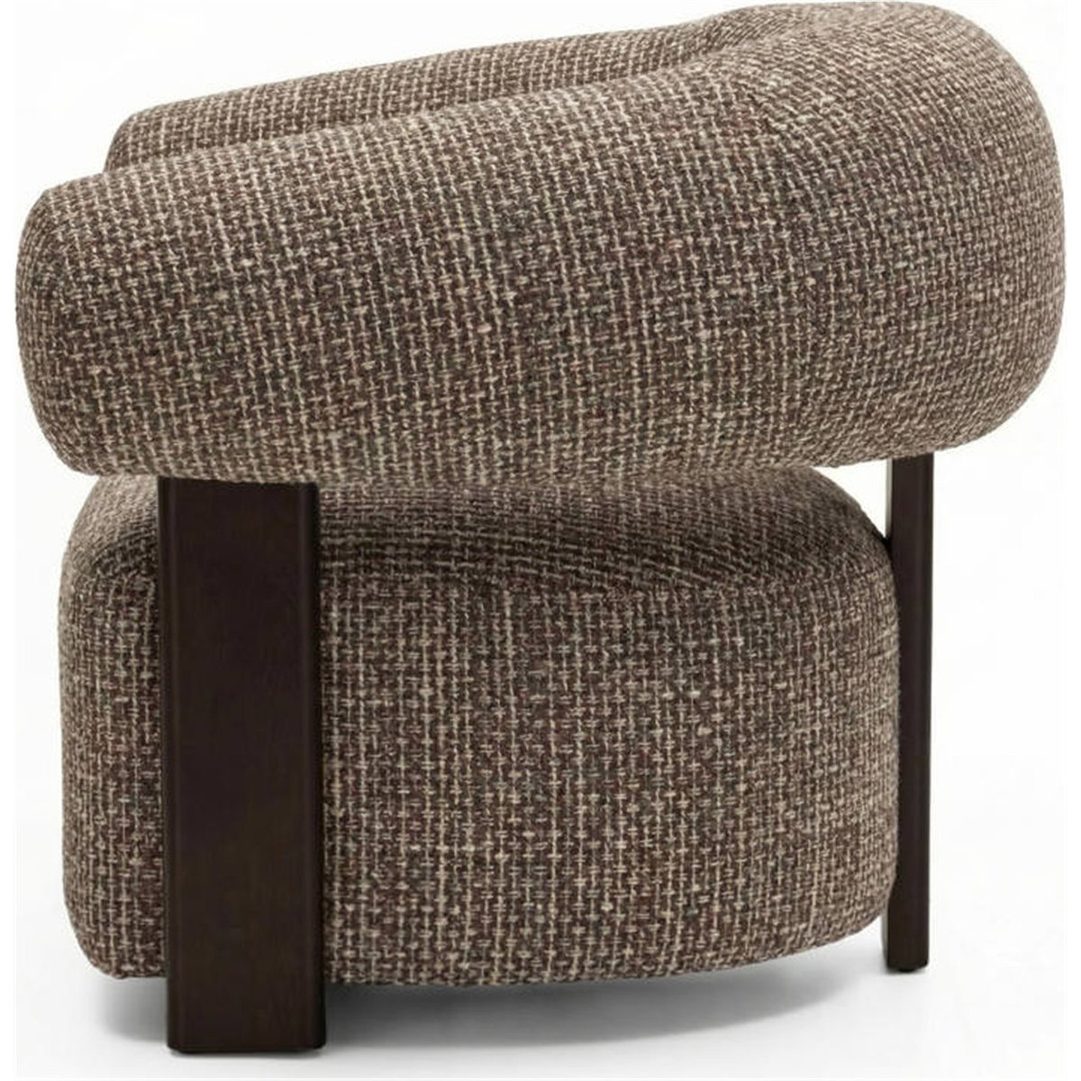 Fauteuil lounge arrondi en tissu marron crème et noyer, RECOLLECTION