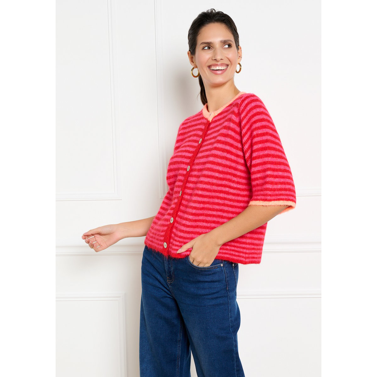 Cardigan rayé à manches courtes rouge, LOLALIZA
