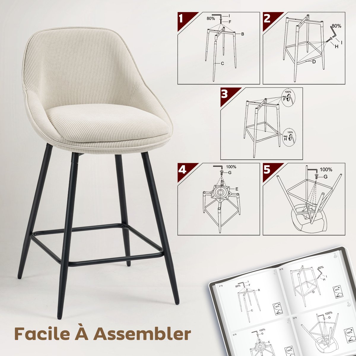 Tabouret de bar Velours côtelé Crème crème, HOMCOM