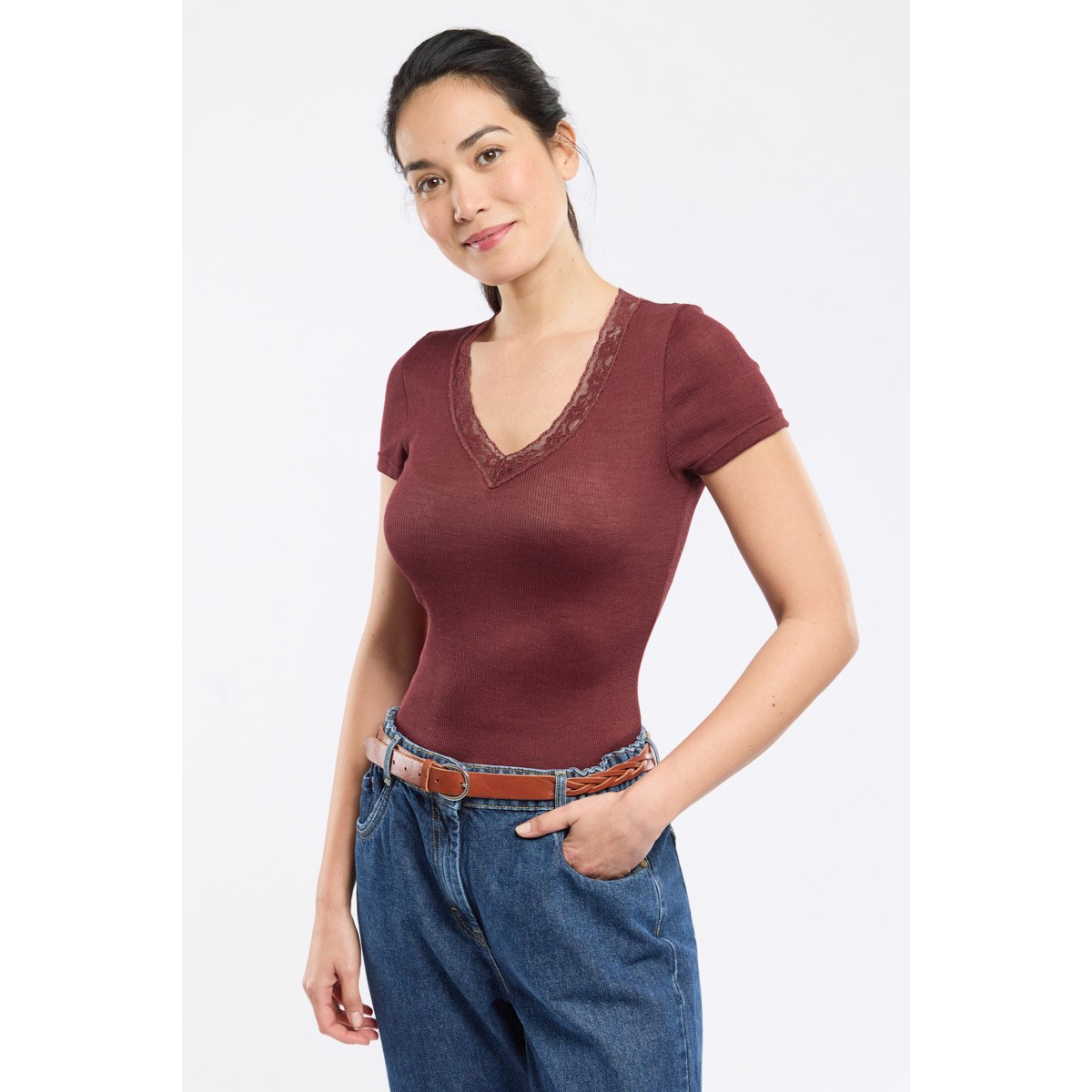 T-shirt col dentelle en laine et soie sandalo, ARMOR-LUX