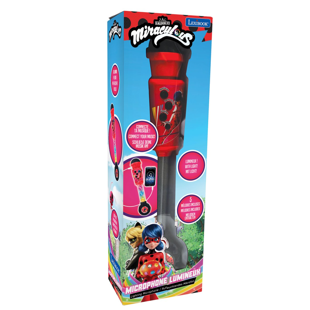 Microphone Miraculous avec tube lumineux et enceinte rouge, LEXIBOOK