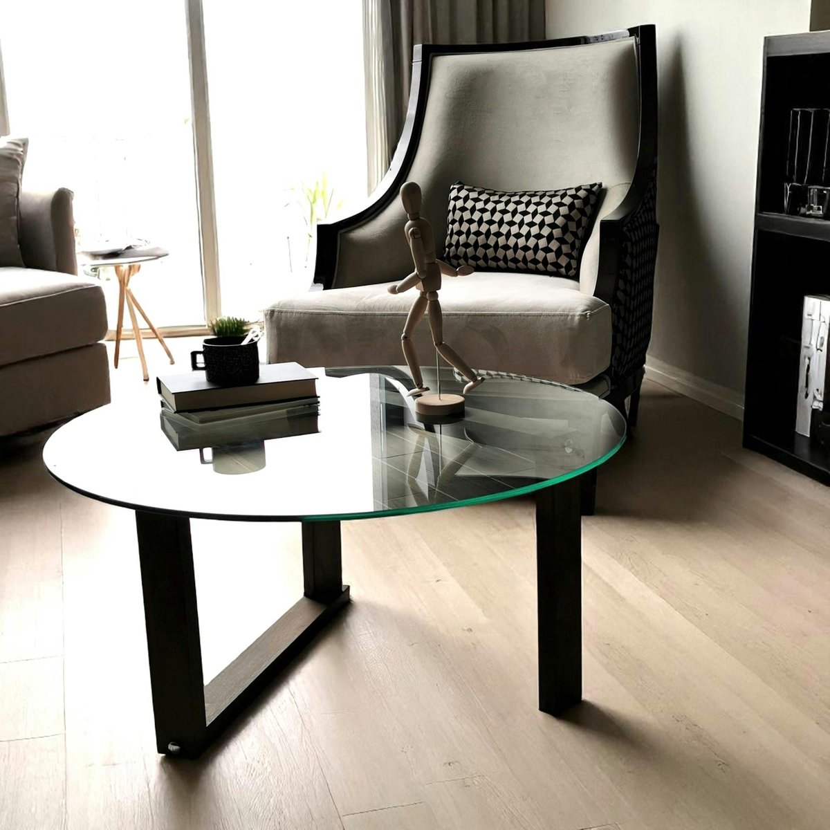 Table basse ronde en verre - pied labyrinthe ANZIO bois naturel, PIER IMPORT
