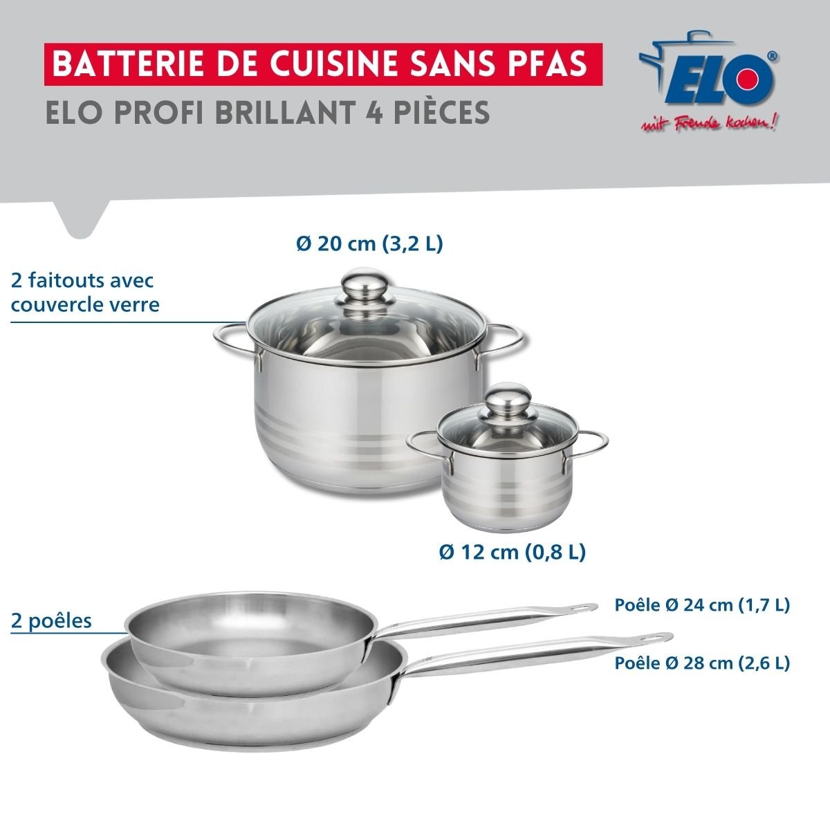 Batterie 2 poêles 24/28cm + 2 faitouts 12/20cm PROFI BRILLANT gris, ELO