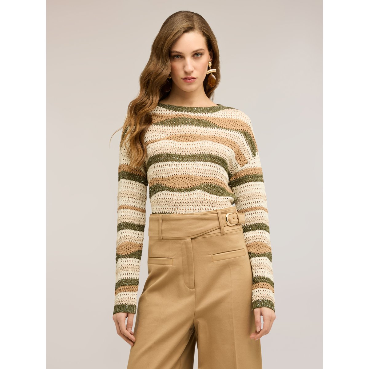 Pull court à rayures ajouré beige, MOTIVI