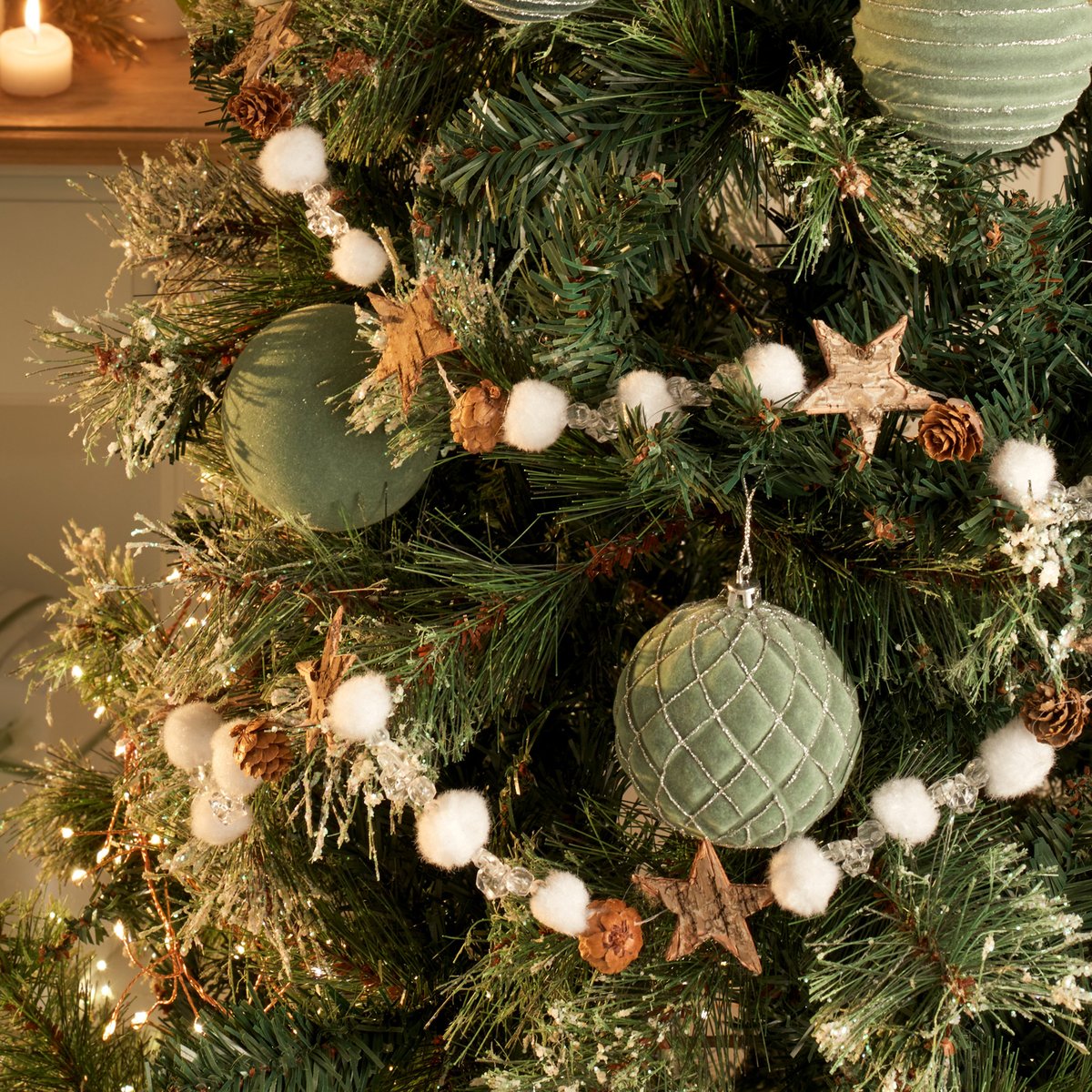 Guirlande bois étoile boule de Noël 1,4 m bois, ATMOSPHERA