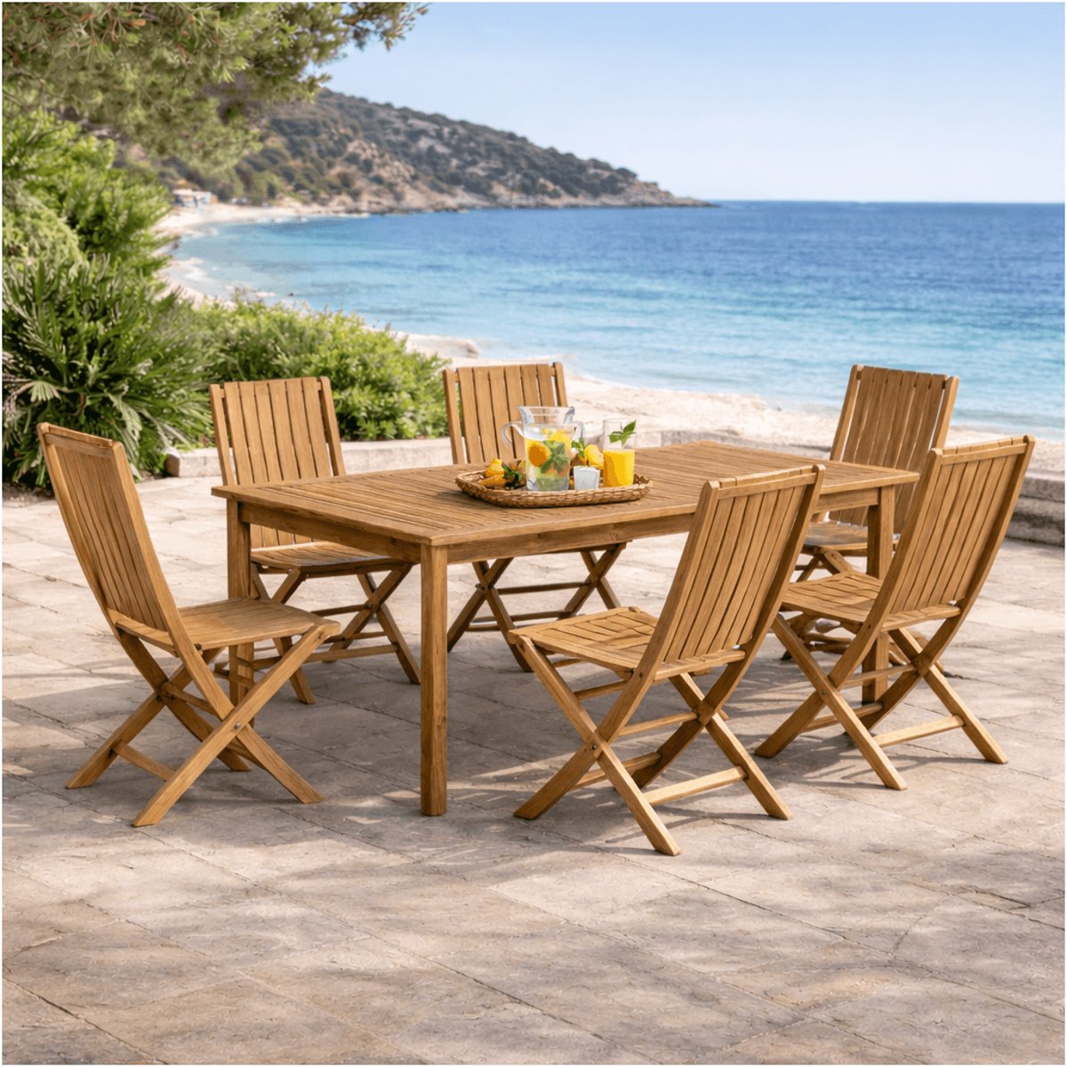 Ensemble table de jardin en teck Frida 200 et 6 chaises Helza naturel, WANDA COLLECTION