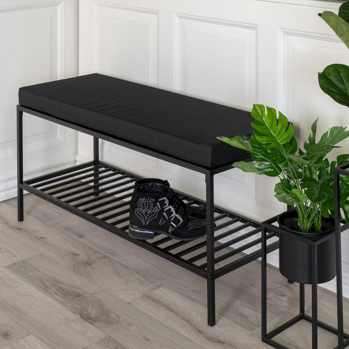 Banc en tissu et métal avec étagère L100cm- VITA noir, HOUSE NORDIC