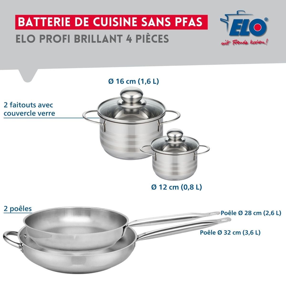 Batterie 2 poêles 28/32cm + 2 faitouts 12/16cm PROFI BRILLANT inox, ELO