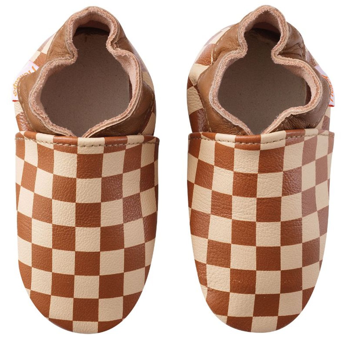Chaussons bébé cuir souple damier marron, TICHOUPS