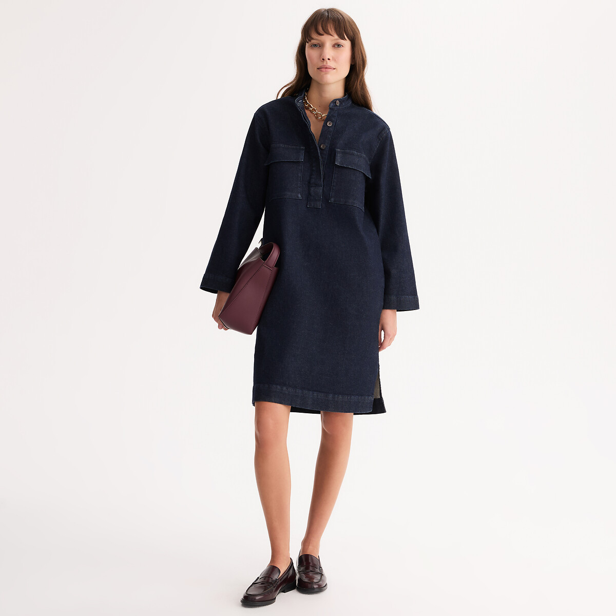 Denim Mid-Length Dress with Long Sleeves untreated blue, ANNE WEYBURN