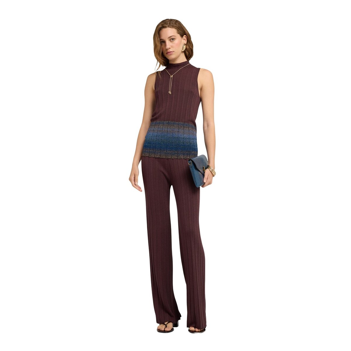 Pantalon palazzo plissé marron, MOTIVI