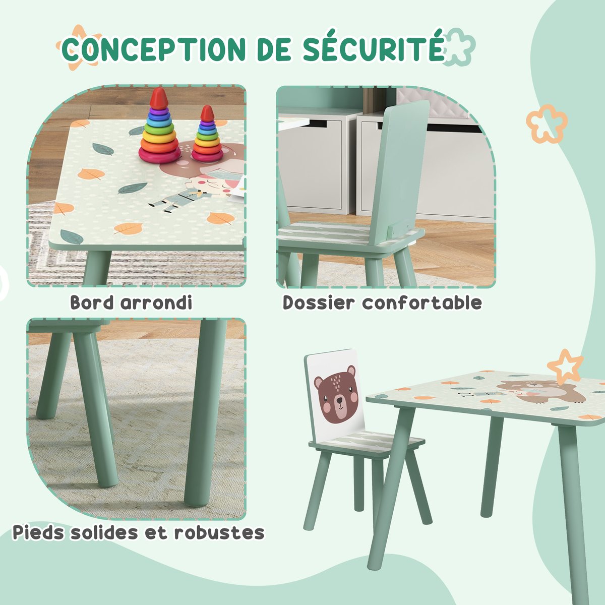 Ensemble table et chaises pour enfants Bois vert avec motifs animaux, ZONEKIZ