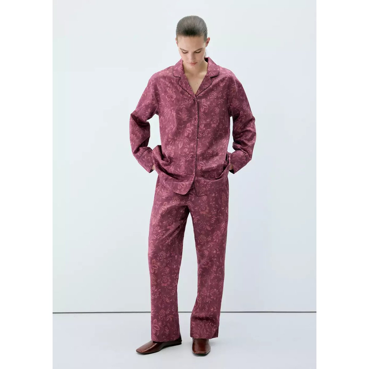 Chemise pyjama imprimée passepoil bordeaux, MANGO