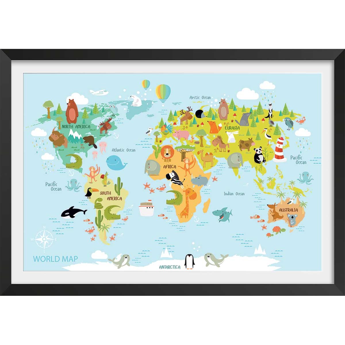 Affiche world map animals affiche + cadre en bois - noir, HEXOA