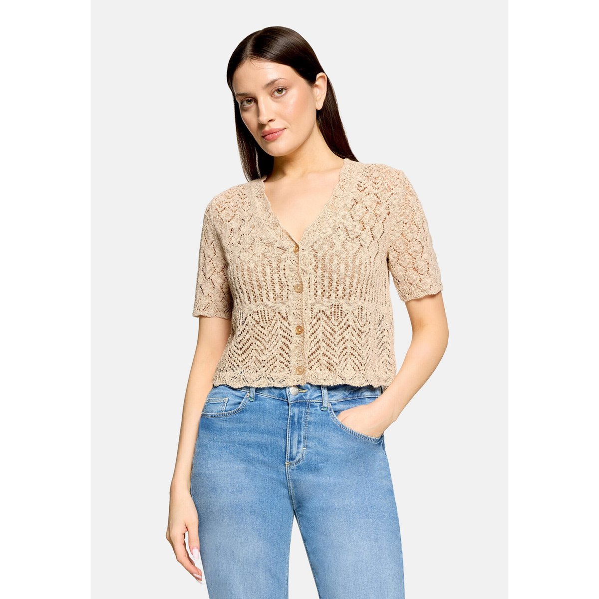 Cardigan en maille à encolure en v safari beige, CARTOON