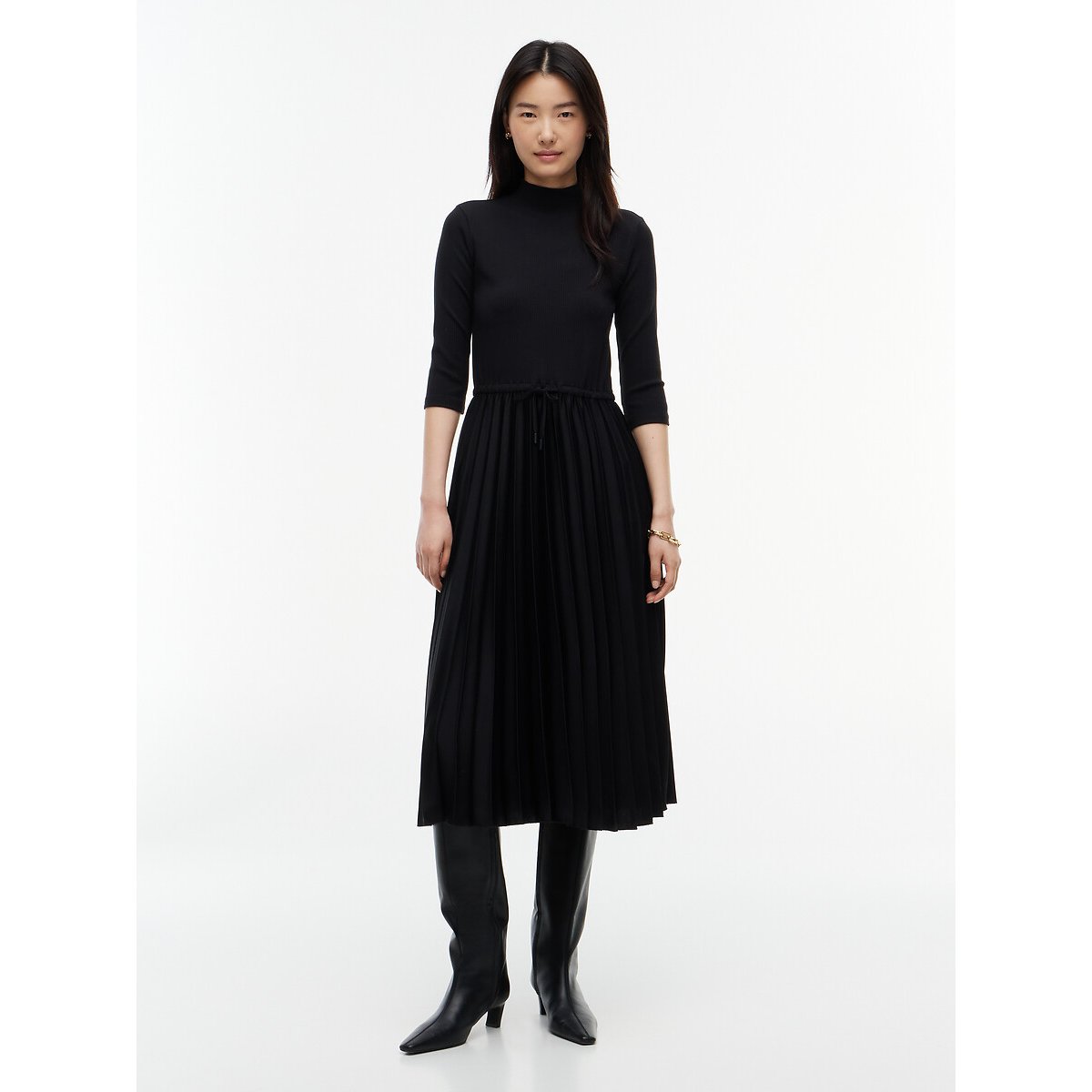 Abito longuette con collo alto, plissettato e maniche a 3/4 nero , TOMMY HILFIGER