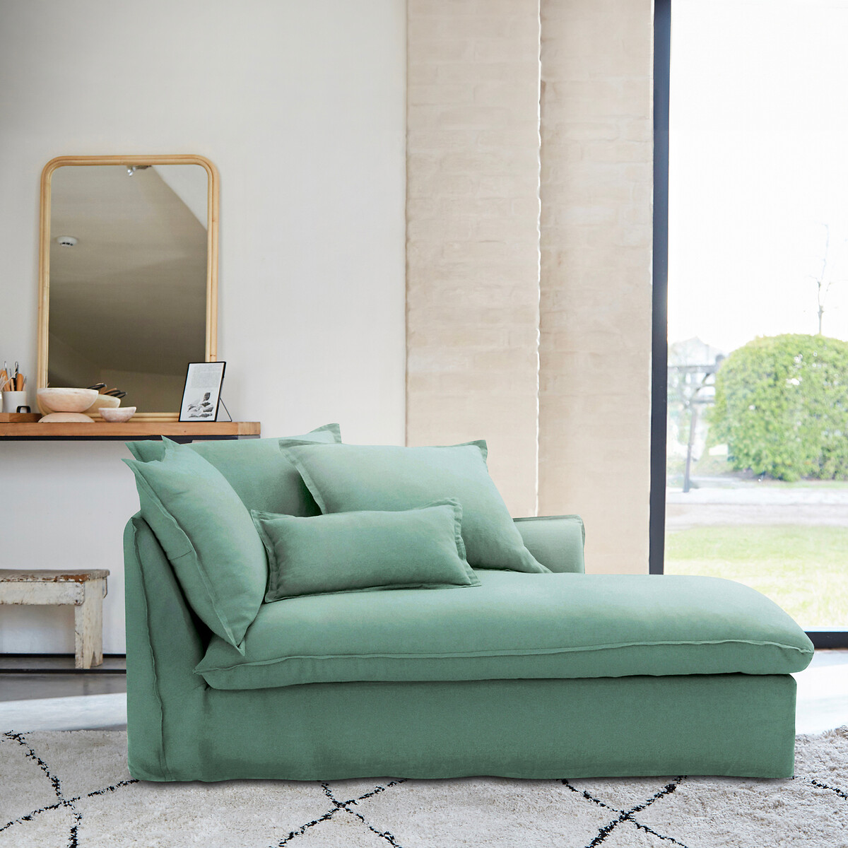 Chaise longue, sfoderabile, in lino stropicciato, ODNA verde salvia, LA REDOUTE INTERIEURS
