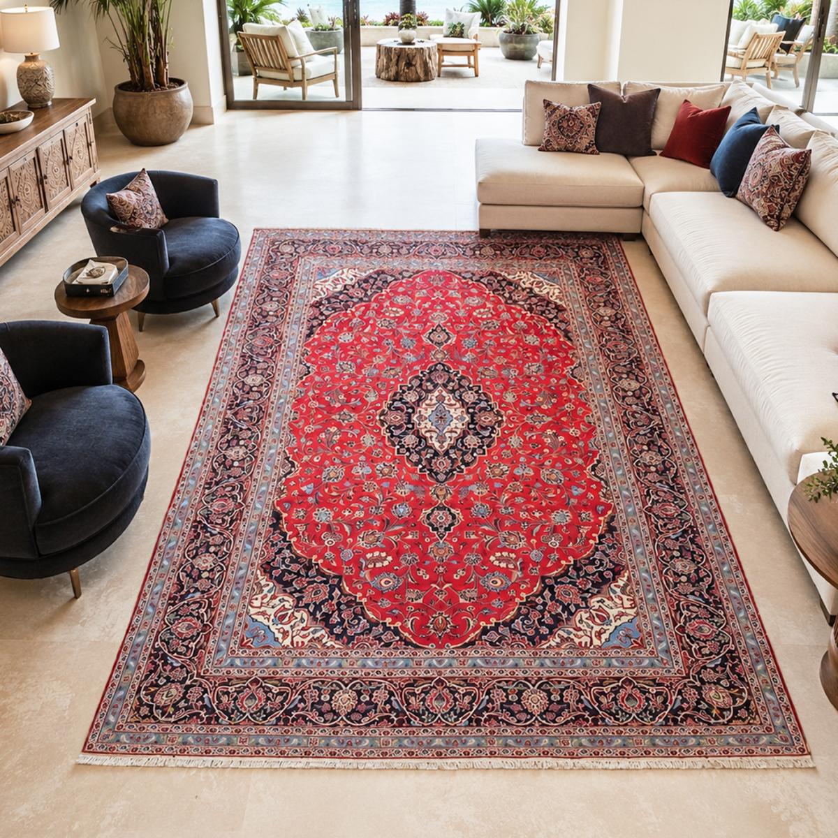 Tapis d'orient au motif oriental, noué main en laine, ARDAKAN 5 rouge, bleu, crème, UN AMOUR DE TAPIS