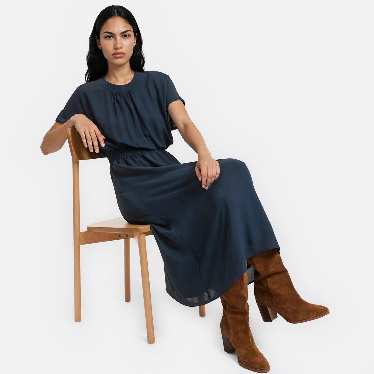 Robe longue évasée, taille élastiquée smockée bleu marine, LA REDOUTE COLLECTIONS