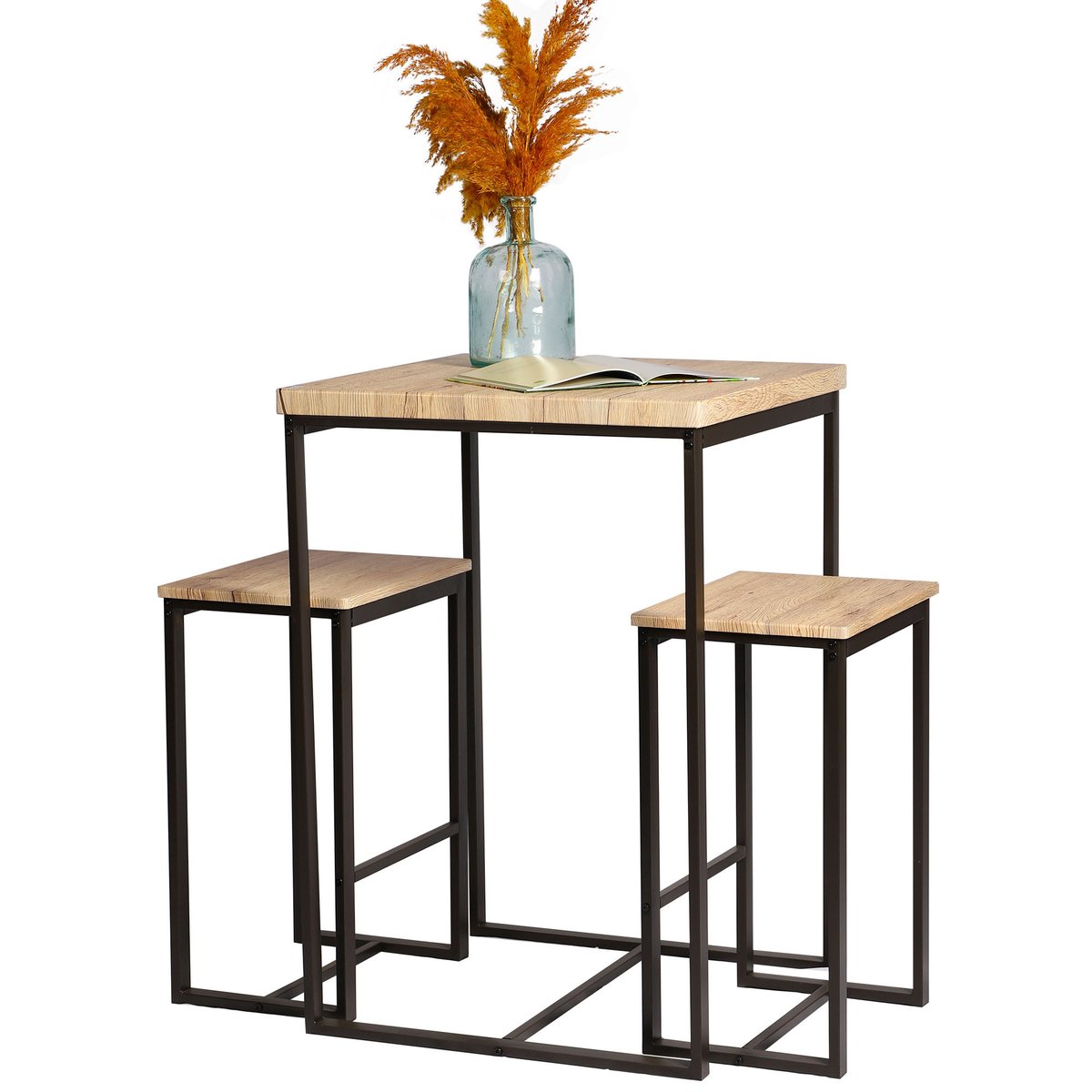 Table de bar carrée avec 2 tabourets design industriel DOCK noir, URBAN LIVING