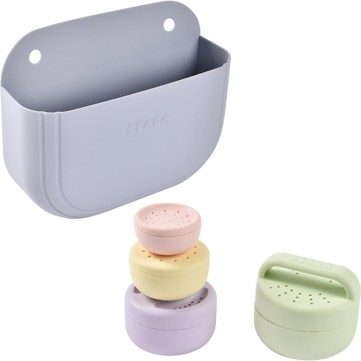 Coffret panier Galet + jouets de bain silicone gris, rose, vert, BEABA