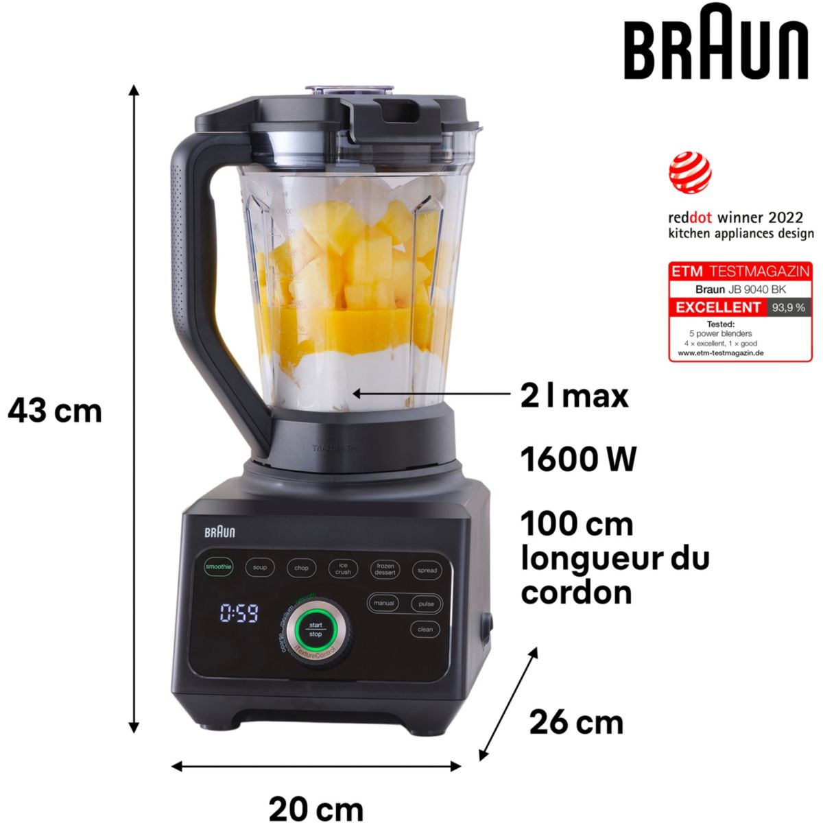 Blender JB9040BK PowerBlend 9 noir couleur unique, BRAUN