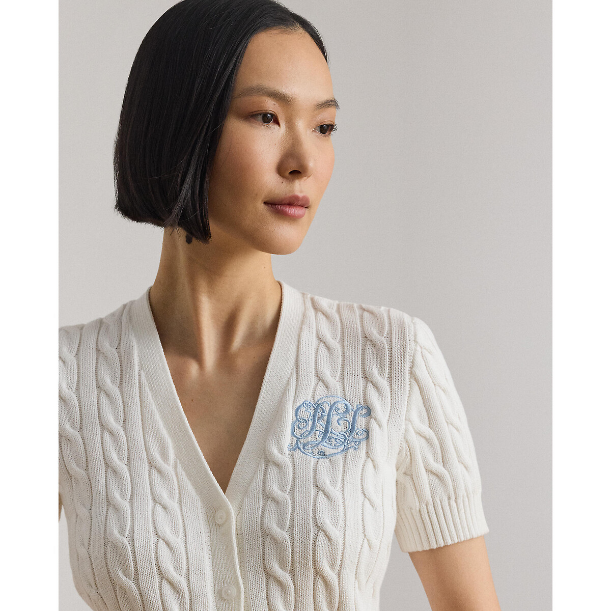 Cotton Cable Knit V-Neck Short Sleeve Cardigan white, LAUREN RALPH LAUREN